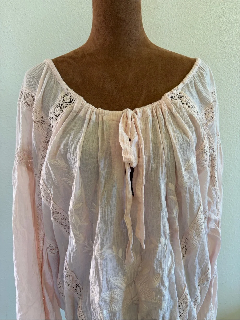 Free People Dusty Pink Peasant Blouse with Tie Neck